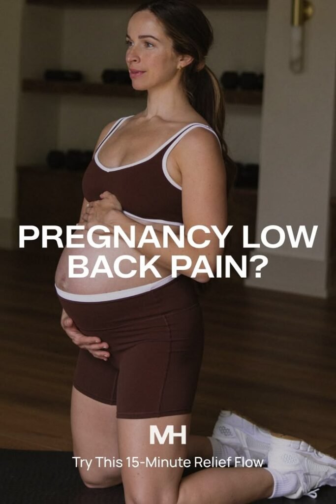 Pregnant woman holding her lower back with the words Pregnancy Low Back Pain