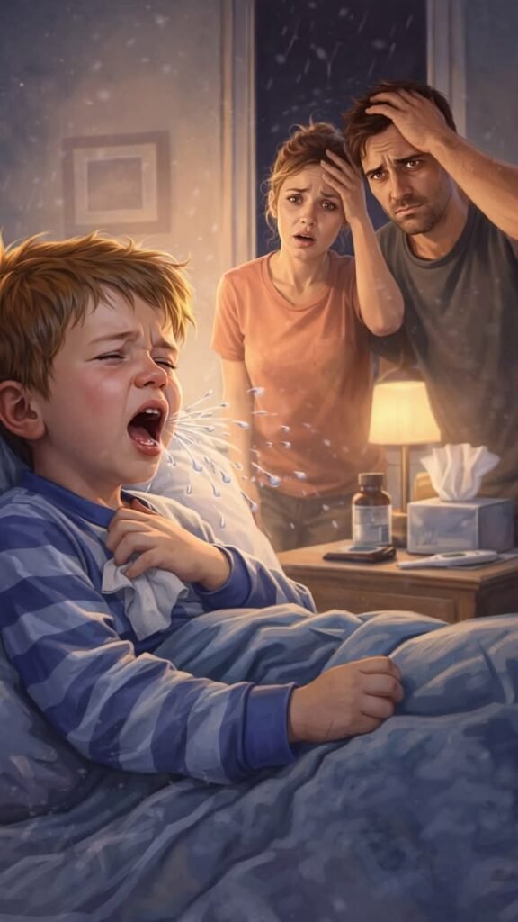 Tired boy yawning in bed while his worried mother looks on