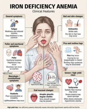 Infographic showing the common symptoms of iron deficiency anaemia around a woman’s portrait
