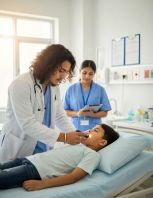 Doctor examining a young boy lying in a hospital bed while a nurse assists