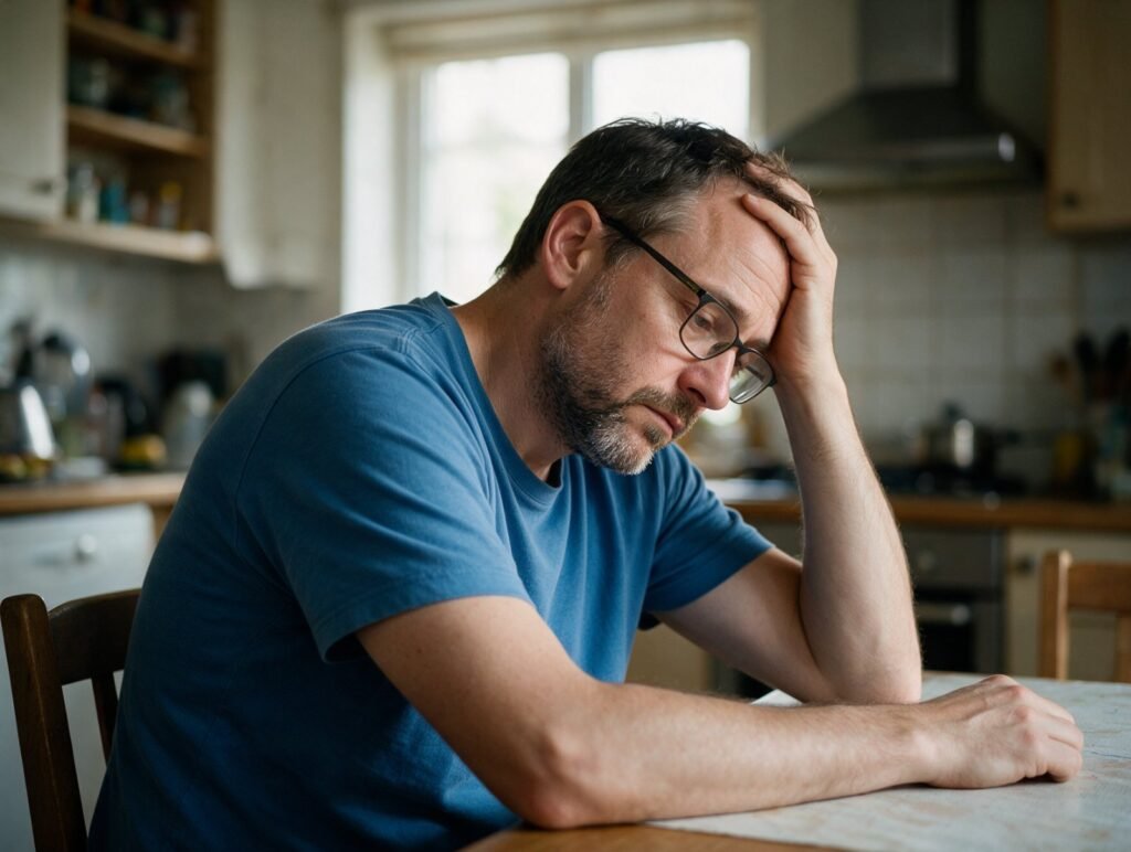 Tired man sitting at a table holding his head