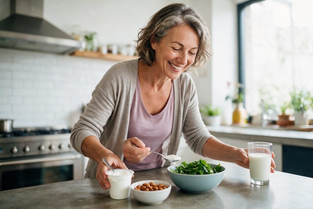 Woman preparing a calcium-rich breakfast with yogurt, almonds, greens and milk