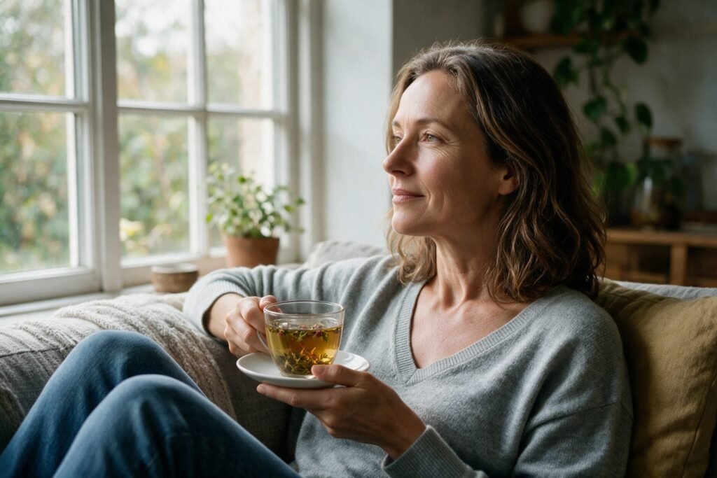 Woman relaxing on a sofa with a cup of herbal tea