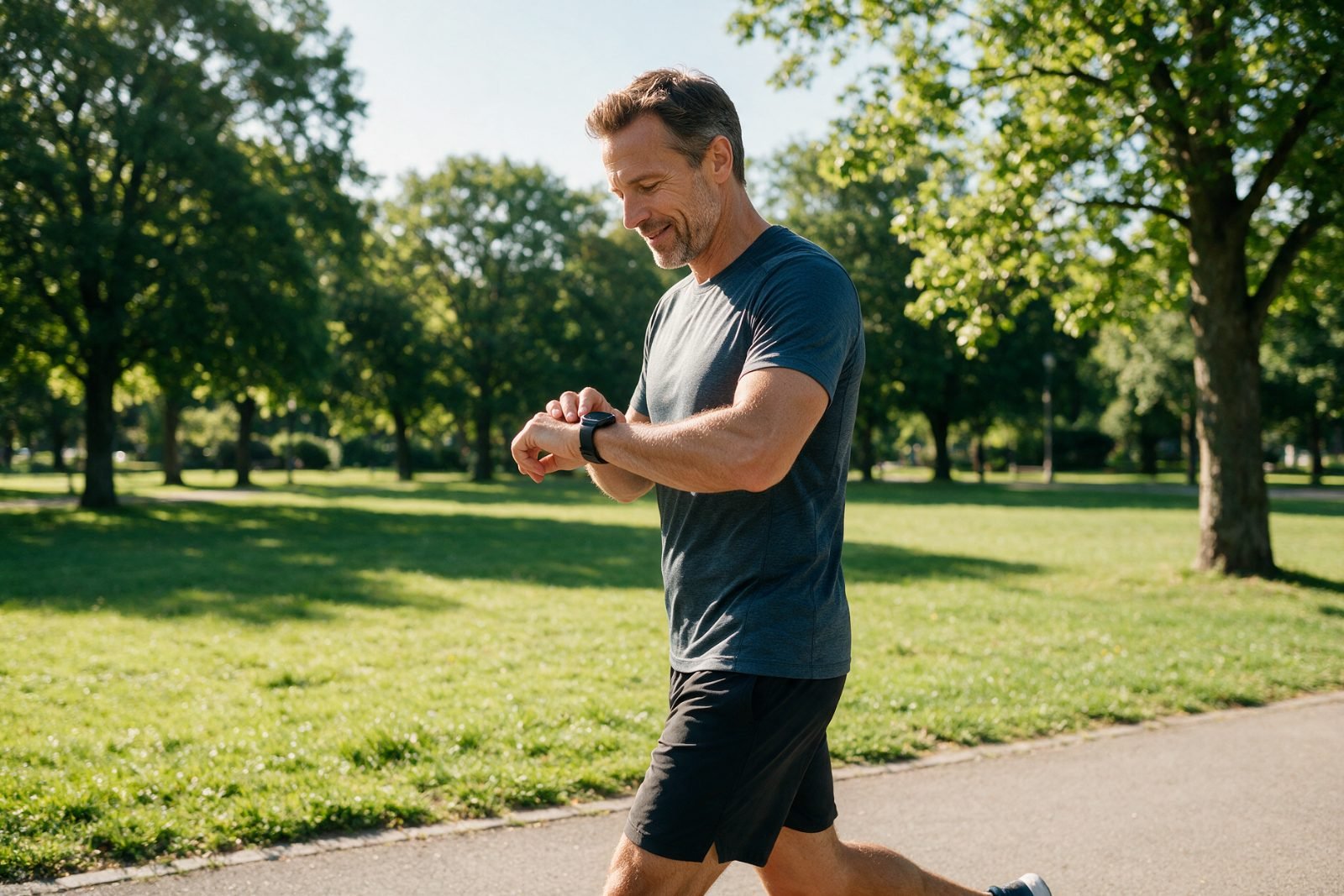 Man checking his heart rate on a smartwatch during a morning walk