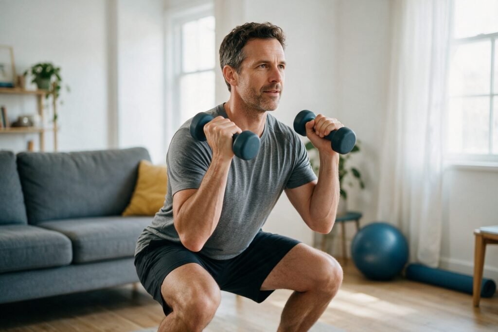Man doing squats with light dumbbells at home