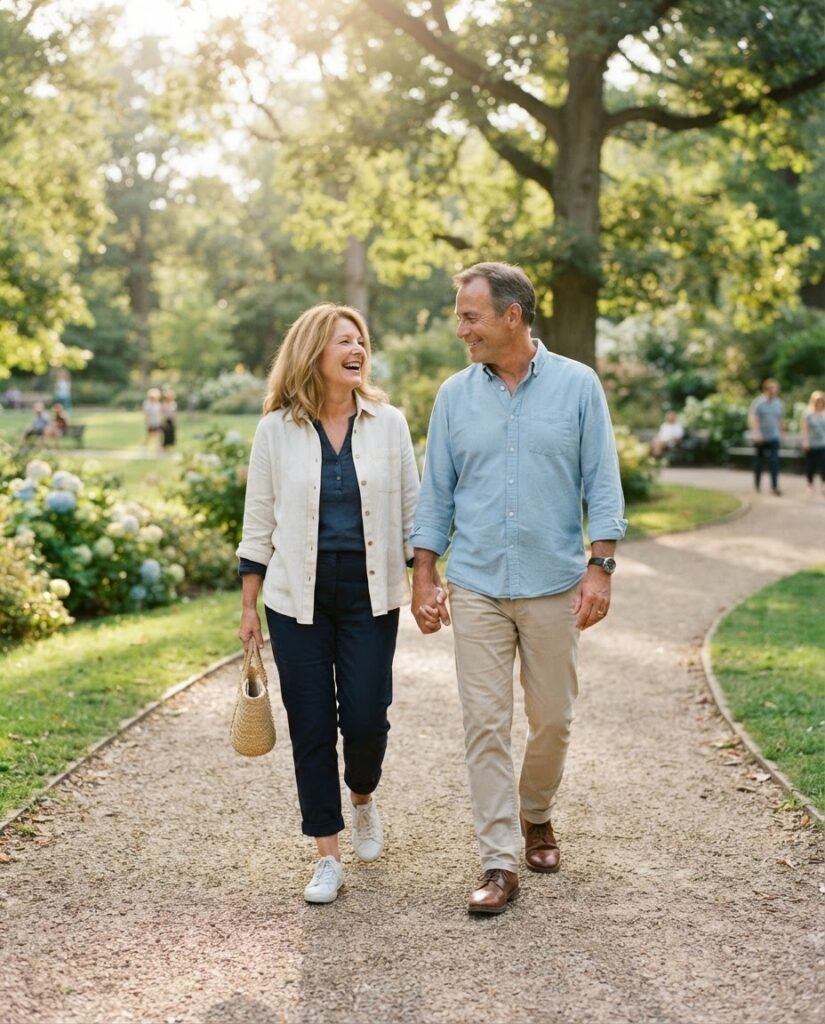 Healthy middle-aged couple walking together in a sunny park