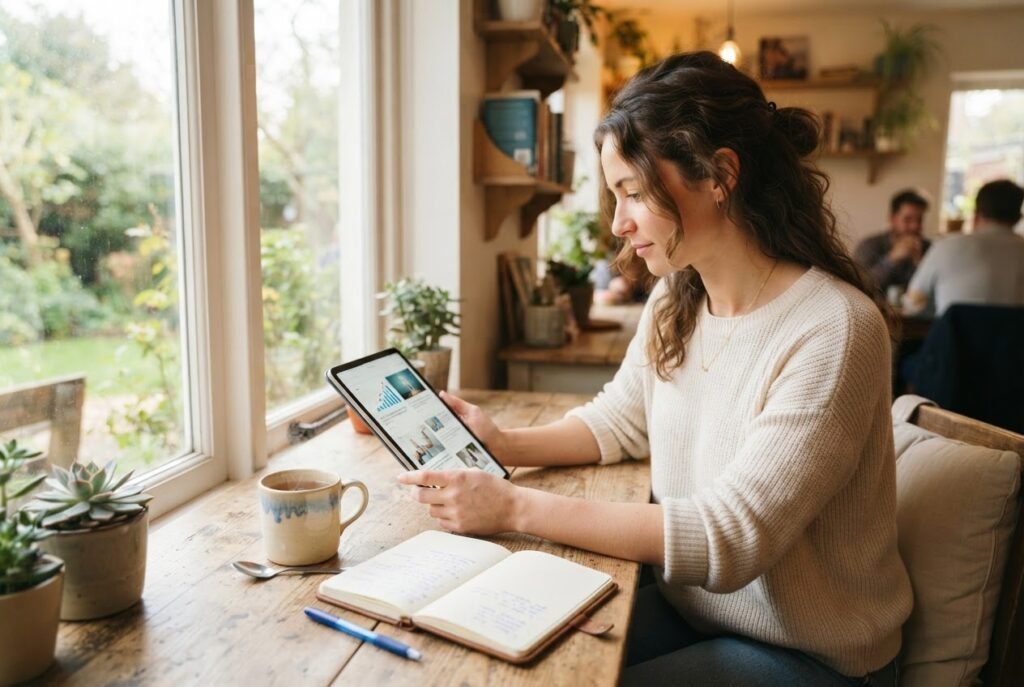 Woman reading health guides on a tablet with a cup of tea