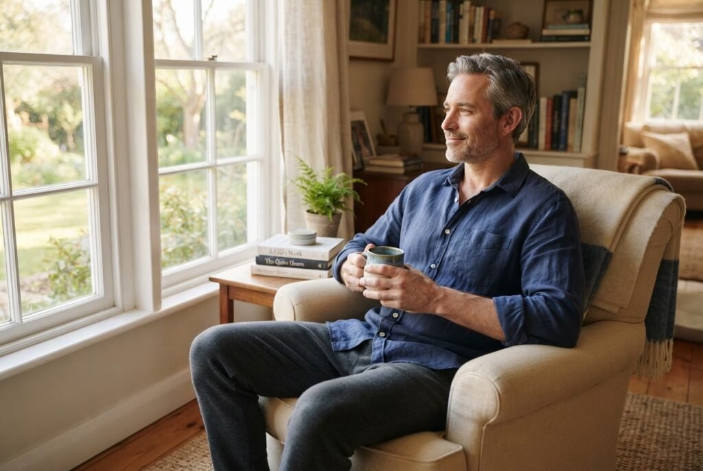 Man relaxing with a cup of tea during a calm self-care morning